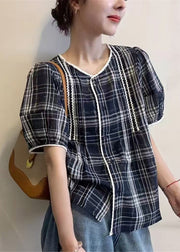 Art Navy Plaid Button Cotton Shirt Summer