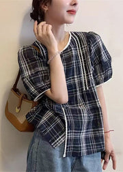Art Navy Plaid Button Cotton Shirt Summer