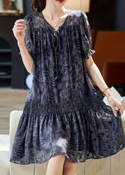 Art Navy Print Chiffon Day Dress Summer