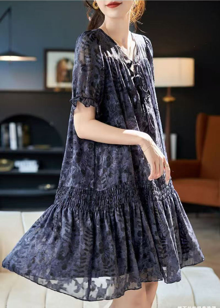 Art Navy Print Chiffon Day Dress Summer