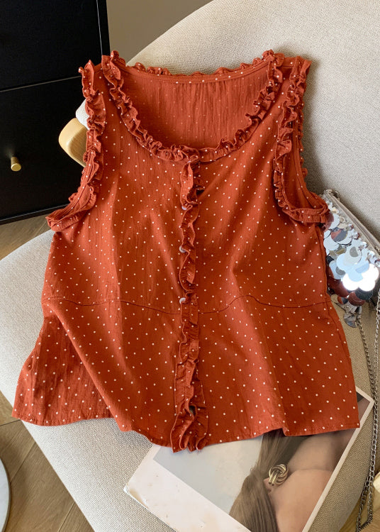 Art Orange Ruffled Button Dot Cotton Shirts Sleeveless