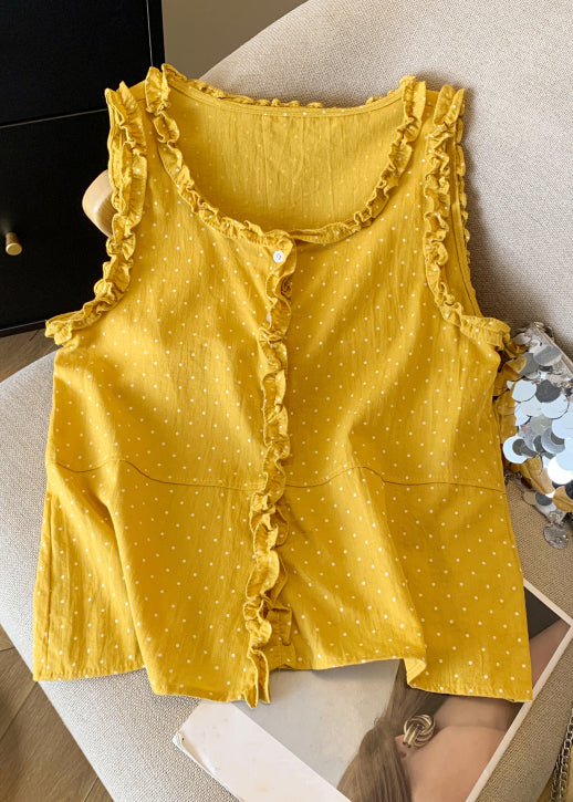 Art Orange Ruffled Button Dot Cotton Shirts Sleeveless