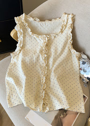 Art Orange Ruffled Button Dot Cotton Shirts Sleeveless