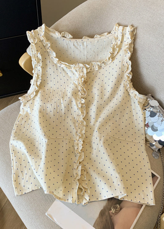 Art Orange Ruffled Button Dot Cotton Shirts Sleeveless