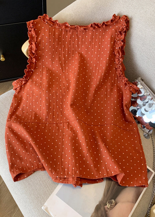Art Orange Ruffled Button Dot Cotton Shirts Sleeveless