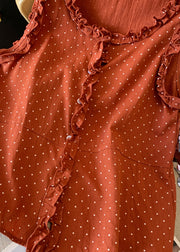 Art Orange Ruffled Button Dot Cotton Shirts Sleeveless