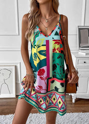 Art Orange V Neck Print Cotton Spaghetti Strap Dress Summer