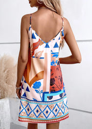 Art Orange V Neck Print Cotton Spaghetti Strap Dress Summer