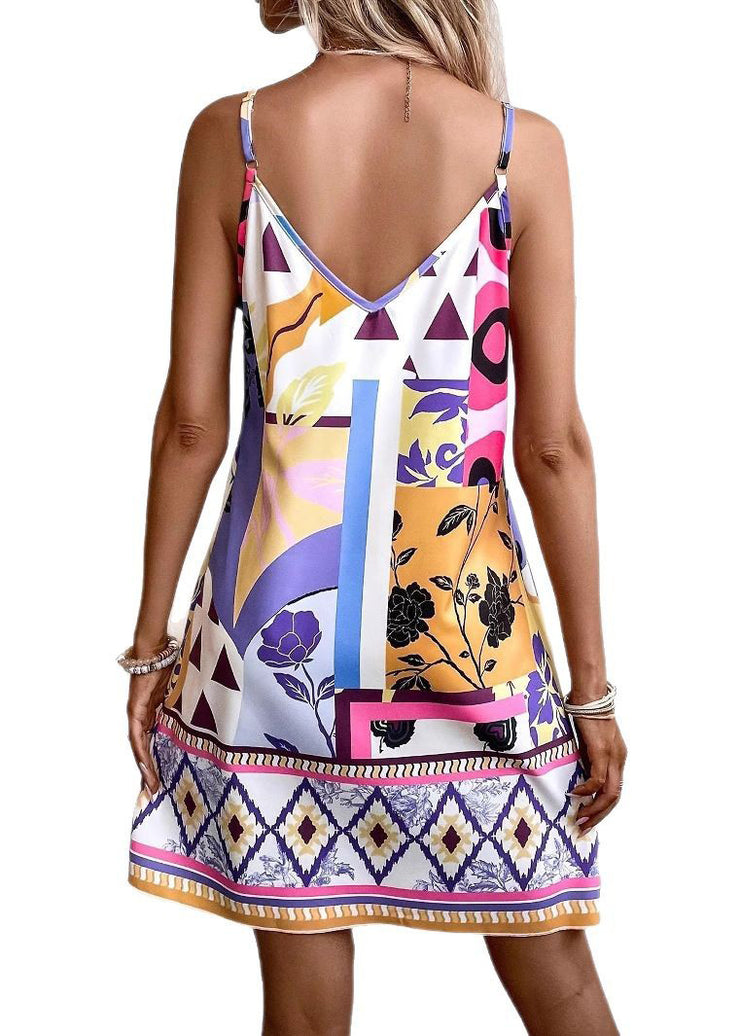 Art Orange V Neck Print Cotton Spaghetti Strap Dress Summer