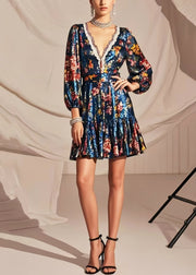 Art Peacock blue V Neck Print Silk Mini Dress Bracelet Sleeve