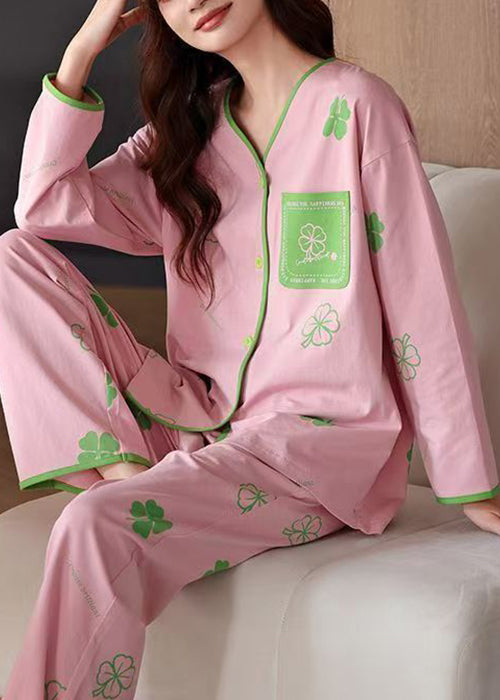 Art Pink Button Print Tops And Pants Cotton Pajamas Two Piece Set Fall