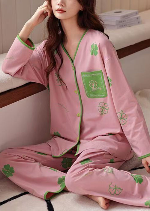 Art Pink Button Print Tops And Pants Cotton Pajamas Two Piece Set Fall