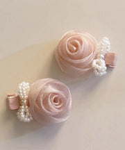Art Pink Chiffon Pearl Rose Bow Hairpin