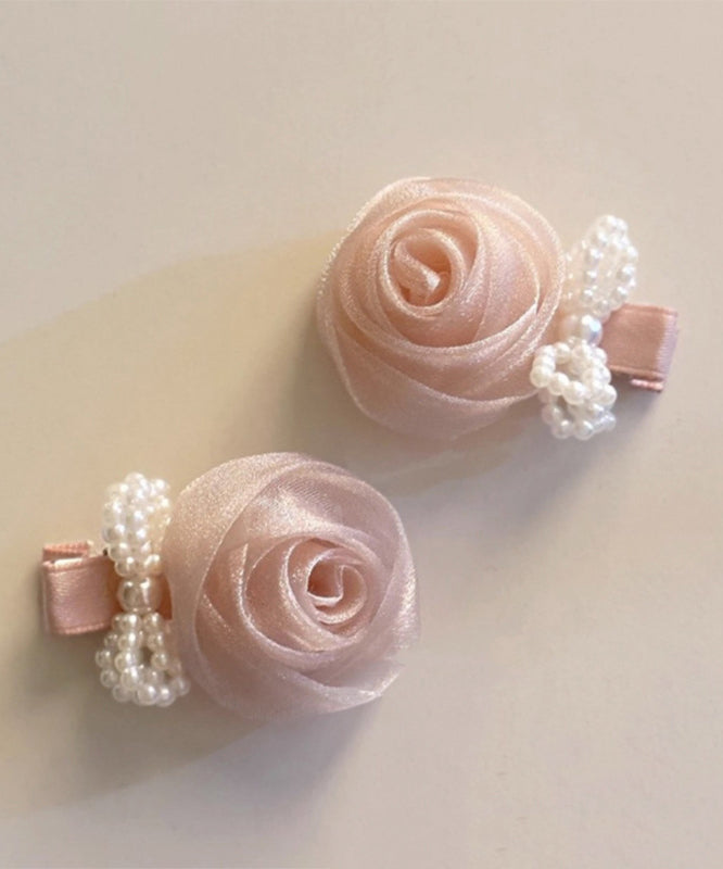 Art Pink Chiffon Pearl Rose Bow Hairpin