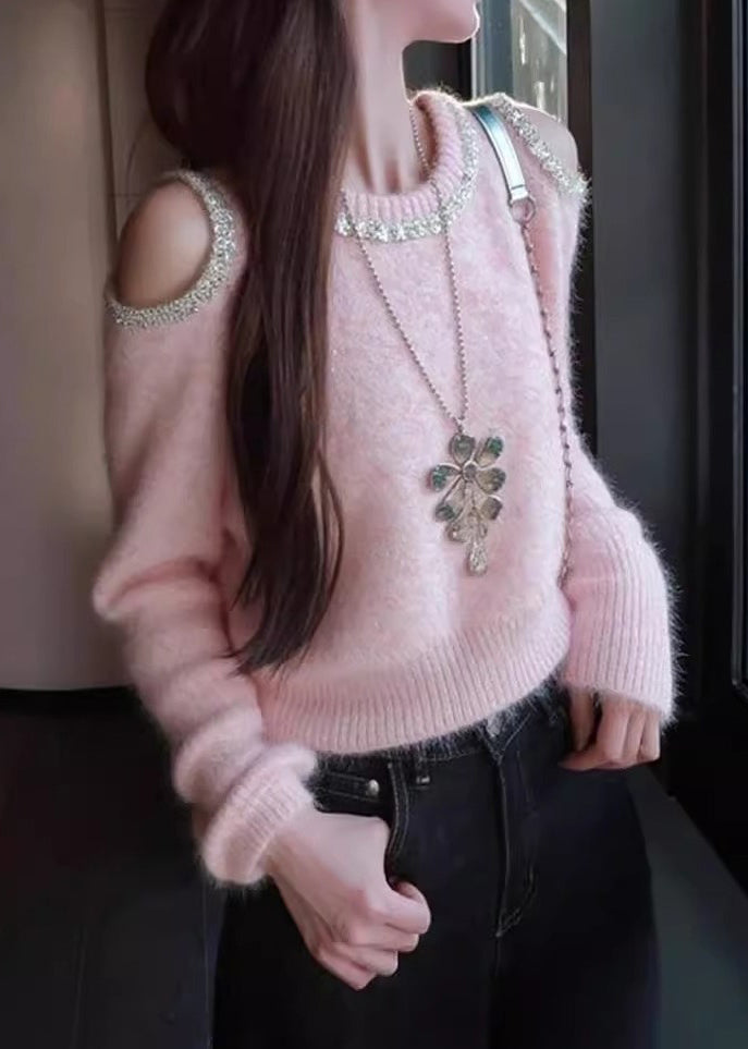 Art Pink Cold Shoulder Sequins Patchwork Knit Sweater Winter
