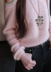 Art Pink Cold Shoulder Sequins Patchwork Knit Sweater Winter