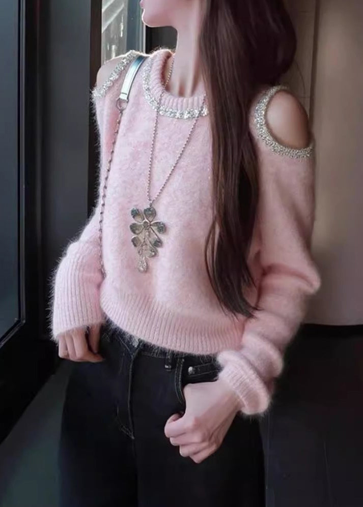 Art Pink Cold Shoulder Sequins Patchwork Knit Sweater Winter