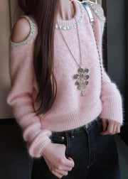 Art Pink Cold Shoulder Sequins Patchwork Knit Sweater Winter