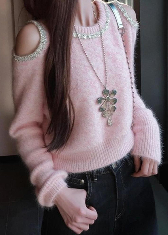 Art Pink Cold Shoulder Sequins Patchwork Knit Sweater Winter