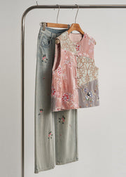 Art Pink Embroidered Nail Bead Silk Velour Oriental Vests Fall