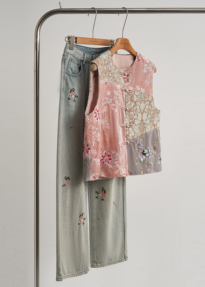 Art Pink Embroidered Nail Bead Silk Velour Oriental Vests Fall