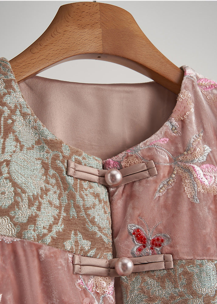 Art Pink Embroidered Nail Bead Silk Velour Oriental Vests Fall