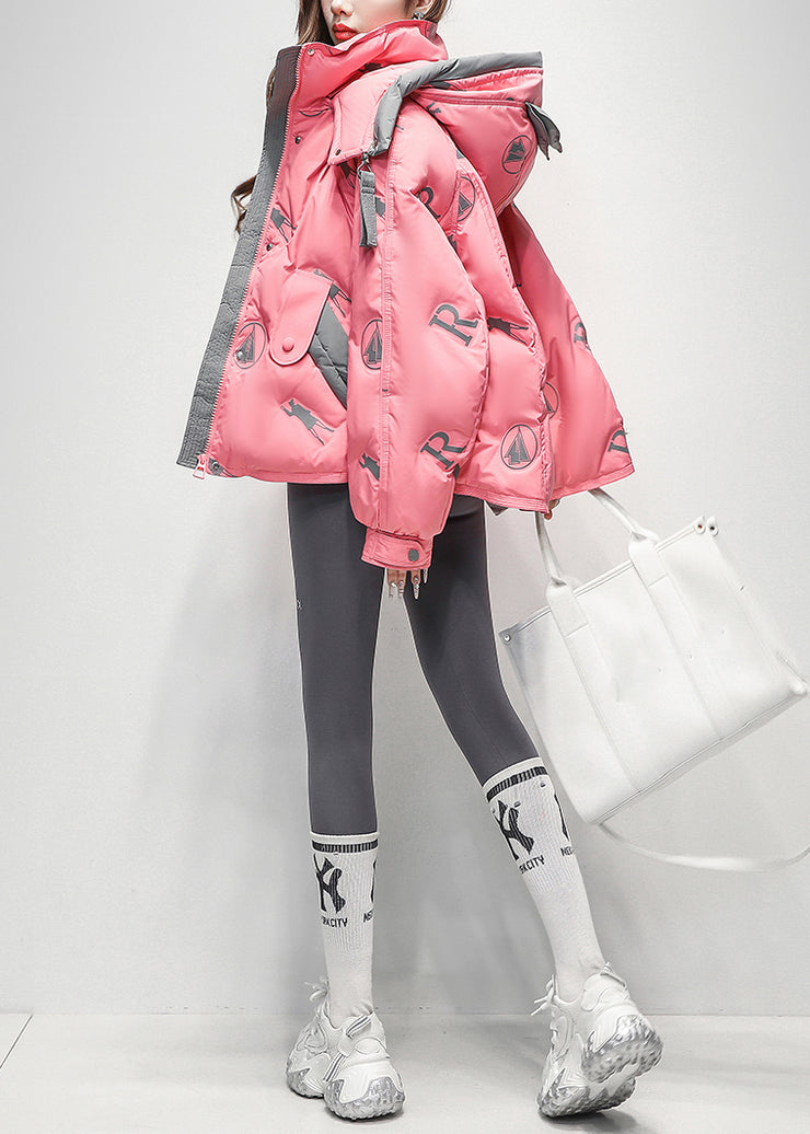 Art Pink Hooded Print Zippered Duck Down Down Coat Winter