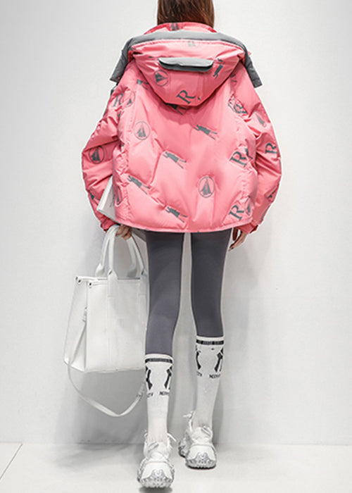 Art Pink Hooded Print Zippered Duck Down Down Coat Winter