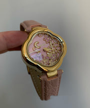 Art Pink Metal Cowhide Quartz Movement Watches