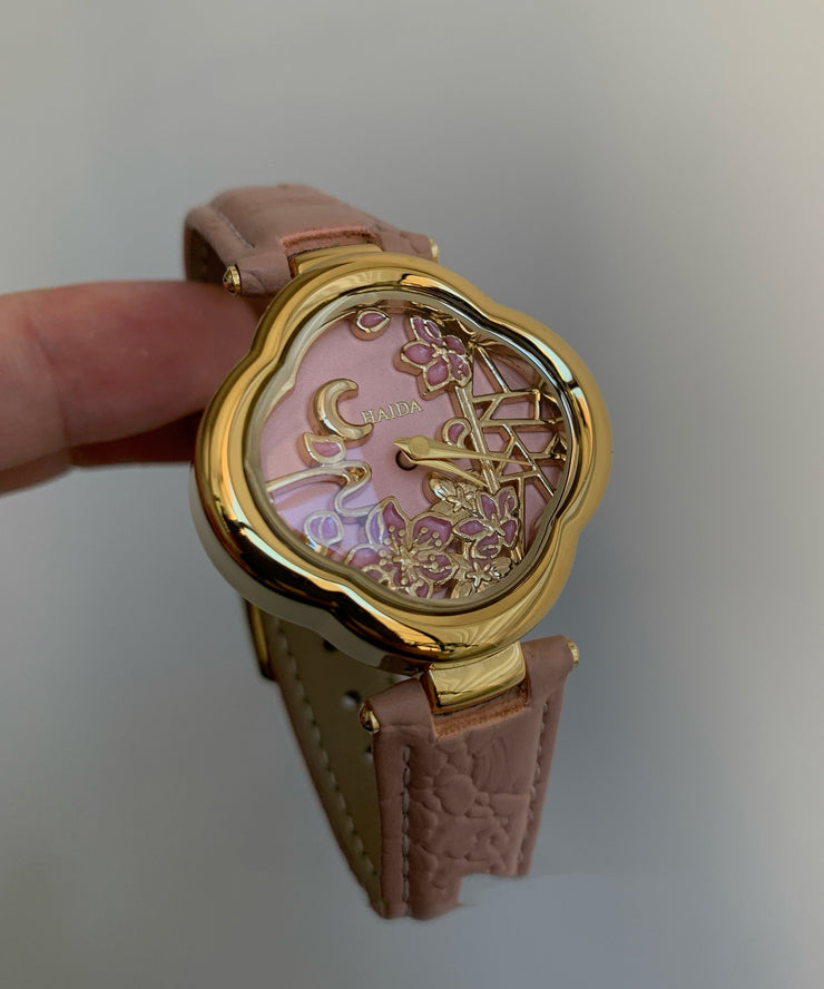 Art Pink Metal Cowhide Quartz Movement Watches