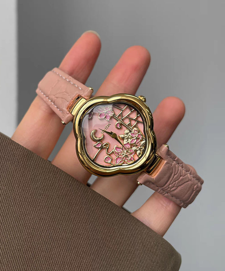Art Pink Metal Cowhide Quartz Movement Watches