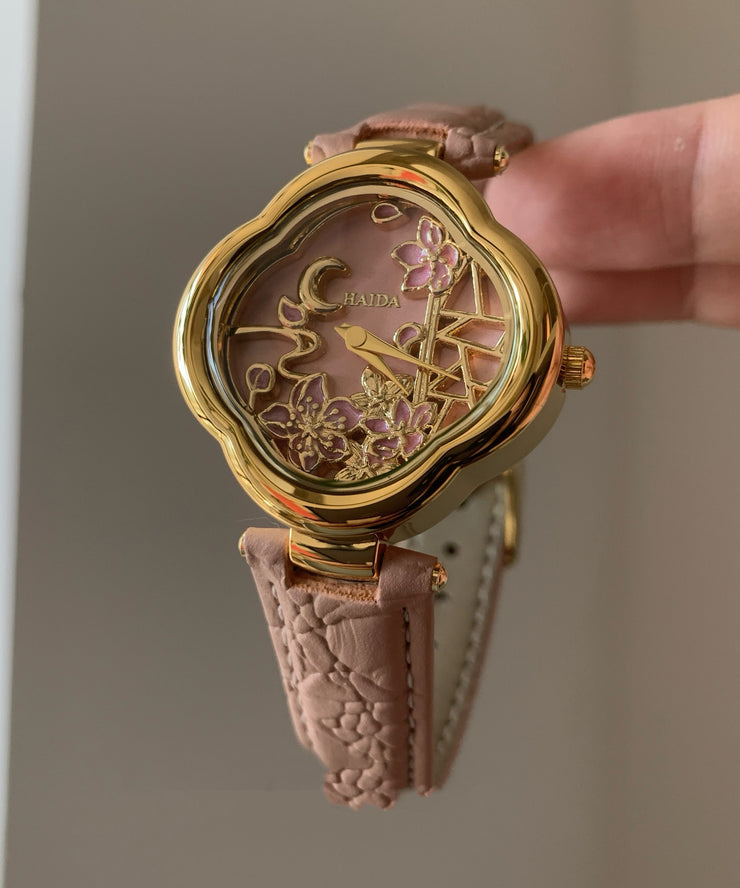 Art Pink Metal Cowhide Quartz Movement Watches