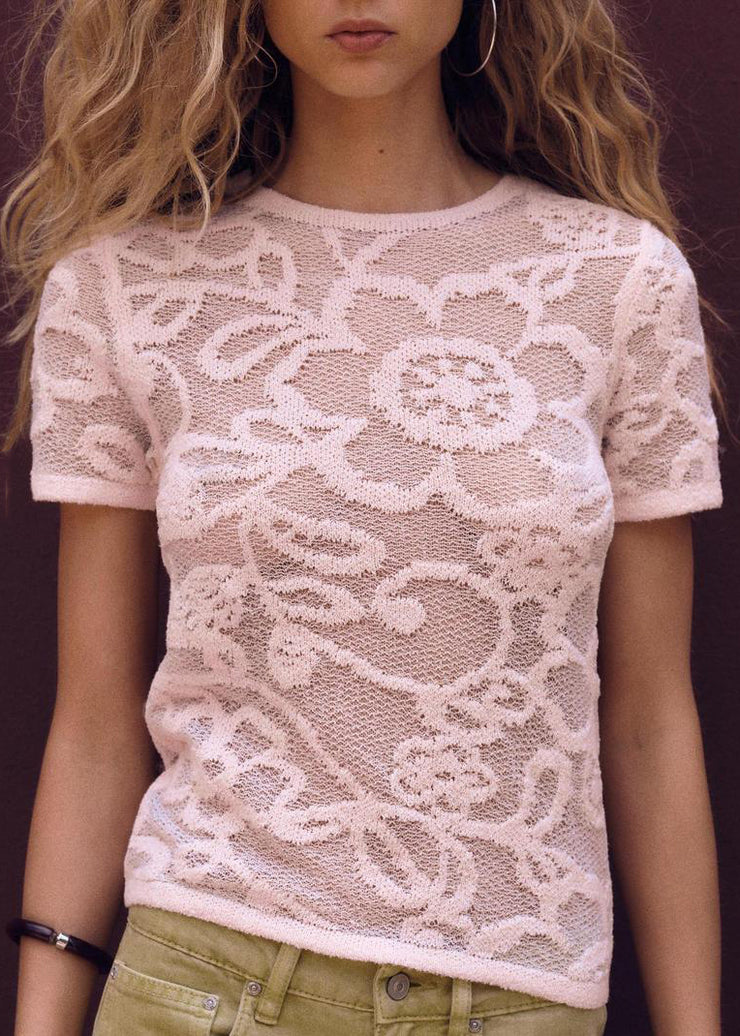Art Pink O Neck Hollow Out Knit T Shirts Summer