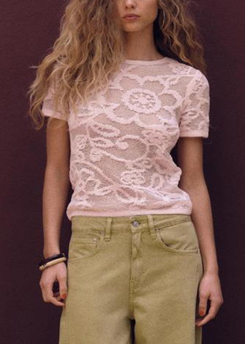 Art Pink O Neck Hollow Out Knit T Shirts Summer