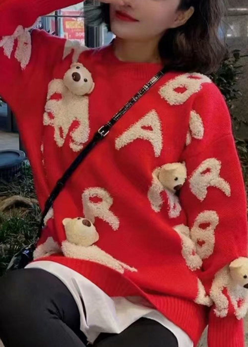 Art Pink O Neck Little Bear Cozy Knit Sweater Spring