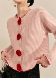 Art Pink Patchwork Floral Button Cotton Knit Cardigan Fall