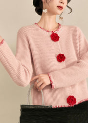 Art Pink Patchwork Floral Button Cotton Knit Cardigan Fall