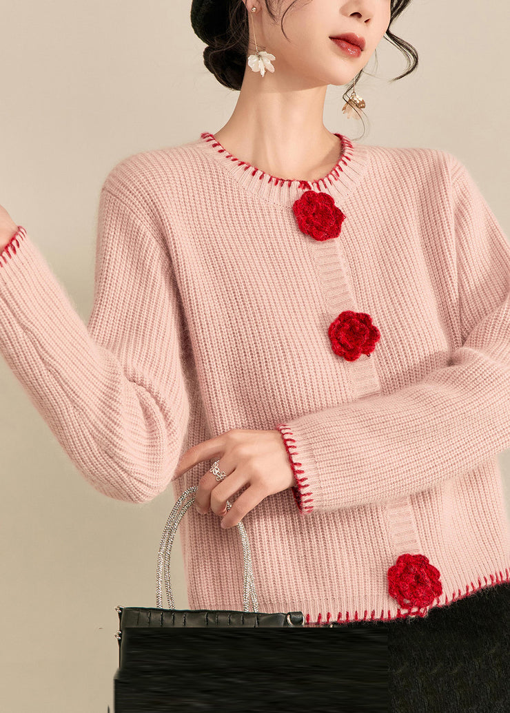 Art Pink Patchwork Floral Button Cotton Knit Cardigan Fall