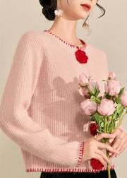 Art Pink Patchwork Floral Button Cotton Knit Cardigan Fall