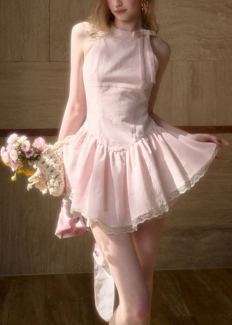 Art Pink Plaid Bow Lace Cotton Two Pieces Set Sleeveless