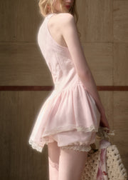 Art Pink Plaid Bow Lace Cotton Two Pieces Set Sleeveless