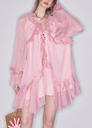 Art Pink Ruffled  Lace Up Chiffon Two-Piece Set Butterfly Sleeve