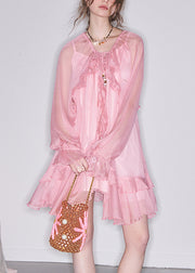 Art Pink Ruffled  Lace Up Chiffon Two-Piece Set Butterfly Sleeve