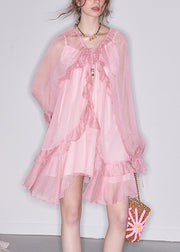 Art Pink Ruffled  Lace Up Chiffon Two-Piece Set Butterfly Sleeve