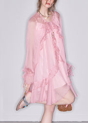 Art Pink Ruffled  Lace Up Chiffon Two-Piece Set Butterfly Sleeve