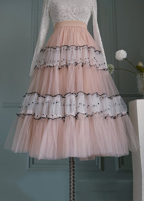 Art Pink Ruffled Elastic Waist Patchwork Tulle Skirts Summer