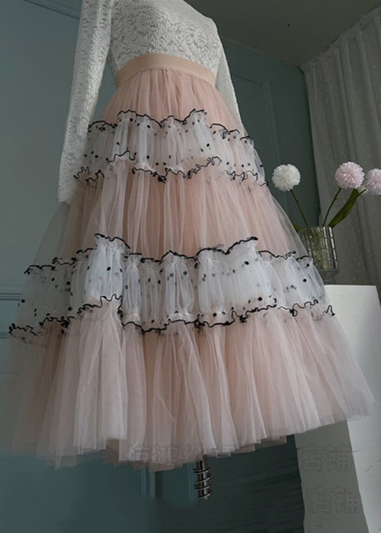 Art Pink Ruffled Elastic Waist Patchwork Tulle Skirts Summer