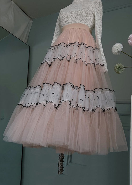Art Pink Ruffled Elastic Waist Patchwork Tulle Skirts Summer