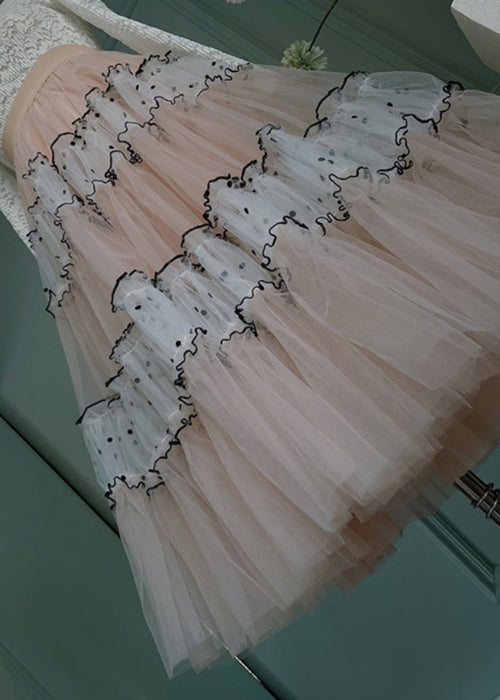 Art Pink Ruffled Elastic Waist Patchwork Tulle Skirts Summer