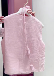 Art Pink Ruffled Lace Up Cotton Shirt Summer